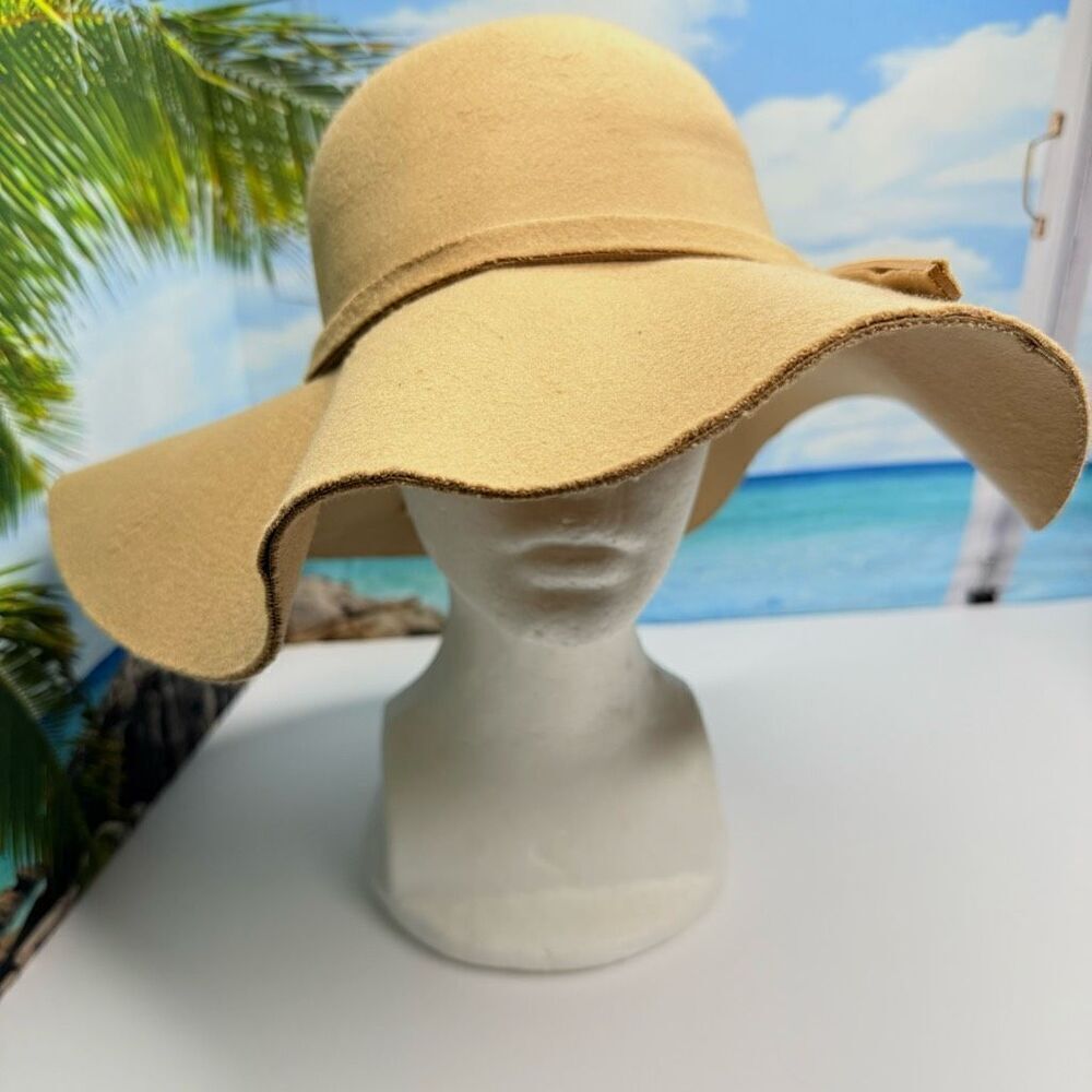 Wide Brim Camel Felt Floppy Hat w/ Bow Accent Tan Light Brown